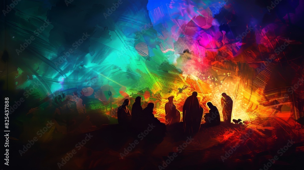 Poster Abstract background with vibrant hues intensifying the Nativity scene