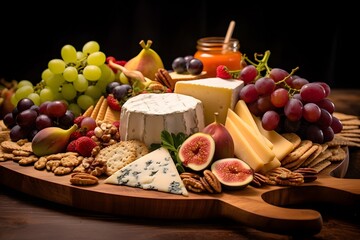 Elegant cheese platter with assorted fruits, nuts, and crackers.	Elegant cheese platter with assorted fruits, nuts, and crackers.