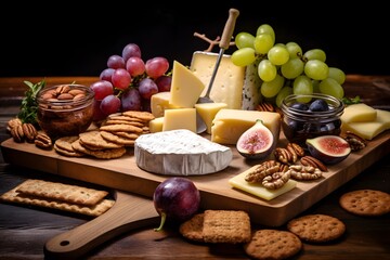 Elegant cheese platter with assorted fruits, nuts, and crackers.	Elegant cheese platter with assorted fruits, nuts, and crackers.