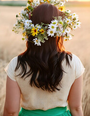 Naklejka premium A young woman with long hair adorned with a wreath of flowers poses her turned back against to yellow wheat field