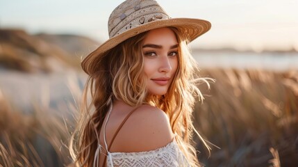 beautiful cowgirl in boho fashion coastal background lifestyle portrait
