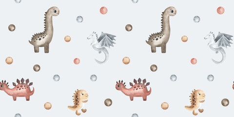 Little dinosaurs and dots circles seamless pattern. Hand drawn watercolor. For fabric, textile, card, label, brochure, flyer, page, banner design. Grey background