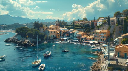 A scenic coastal town with charming architecture and a harbor. 8k, realistic, full ultra HD, high...
