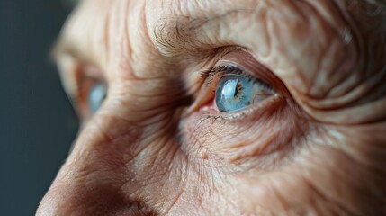 closeup of senior womans face with wrinkles and cataract in eye healthcare concept