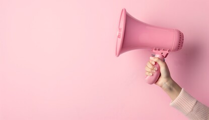 Hand Holding Red Megaphone for Important Announcement isolated on pink background large copy space Announcement background concept