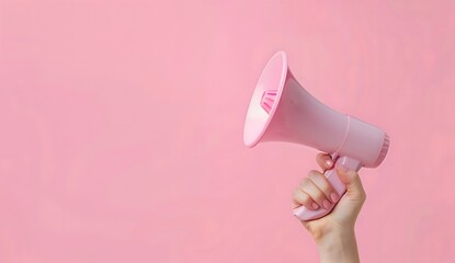 Hand Holding Red Megaphone for Important Announcement isolated on pink background large copy space Announcement background concept