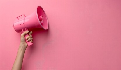 Hand Holding Red Megaphone for Important Announcement isolated on pink background large copy space Announcement background concept