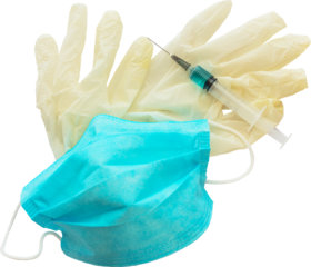Gloves, mask and syringe on transparent background.