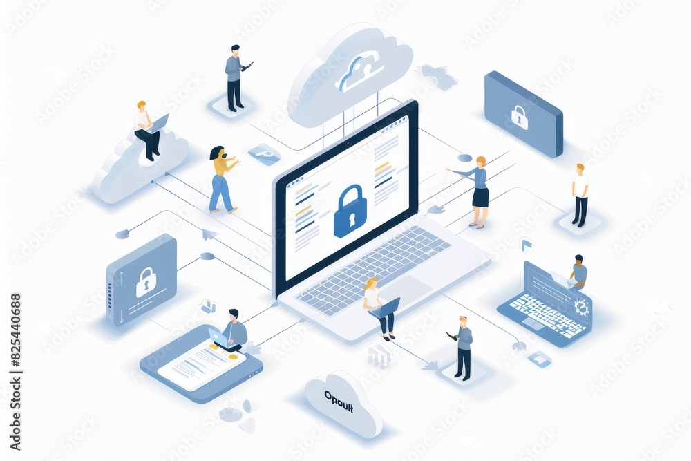 Poster creative cloud security illustration with lock and data elements in modern vector style