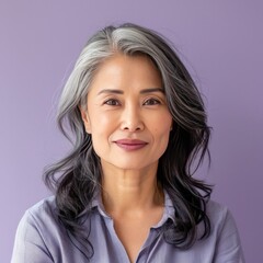 Fototapeta premium Portrait Headshot of a Middle Age Asian Woman on a Purple Background 