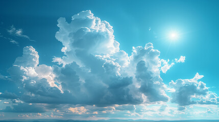 Cumulus clouds part to reveal the sun shining over the ocean