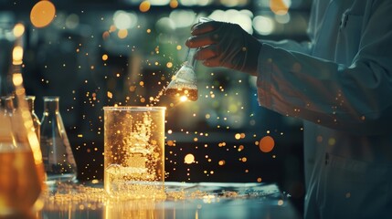 A scientist in a lab coat stirring a bubbling beaker filled with mixtures of particles.