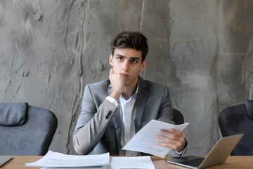 young businessman wearing grey coat working with documents and an invoice while seated at a desk in the office analyzing strategy of startup business project finance and accounting concepts