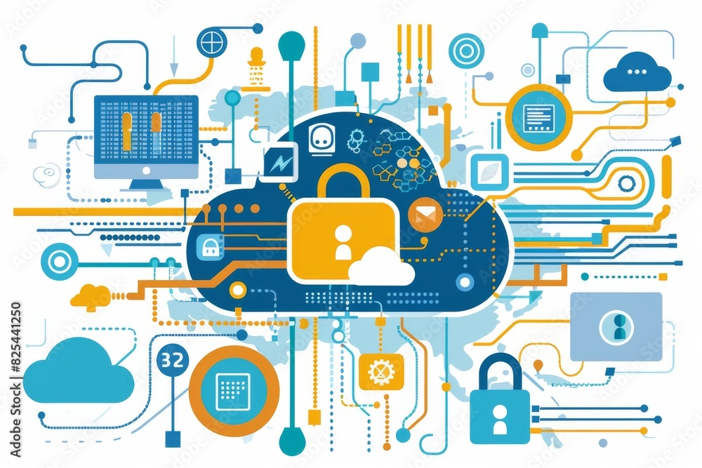 Poster detailed tech lock illustration on computer keyboard representing cybersecurity