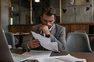 young businessman wearing grey coat working with documents and an invoice while seated at a desk in the office analyzing strategy of startup business project finance and accounting concepts