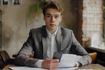 young businessman wearing grey coat working with documents and an invoice while seated at a desk in the office analyzing strategy of startup business project finance and accounting concepts