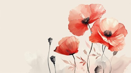 delicate red poppy flowers on light pastel background watercolor style illustration