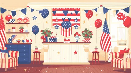 Illustrate a festive scene of patriotic decorations for Independence Day."