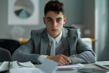 young businessman wearing grey coat working with documents and an invoice while seated at a desk in the office analyzing strategy of startup business project finance and accounting concepts