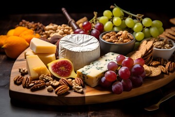 Elegant cheese platter with assorted fruits, nuts, and crackers.	Elegant cheese platter with assorted fruits, nuts, and crackers.