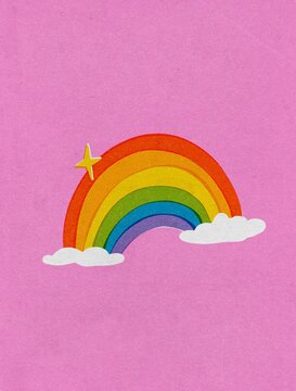 Rainbow retro risograph on pink sky