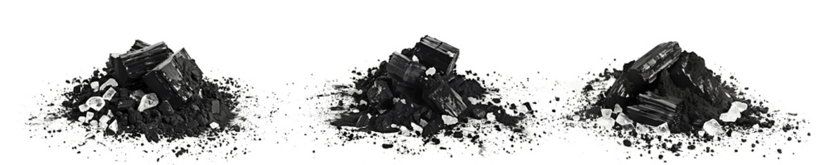 Realistic charcoal or coal particles with powder dust explosion on white background. Black charcoal...