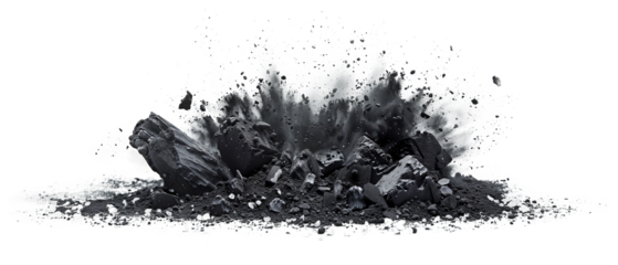 Charcoal, realistic coal or carbon particles explosion with powder splash on white background. Black charcoal dust or graphite powder explode