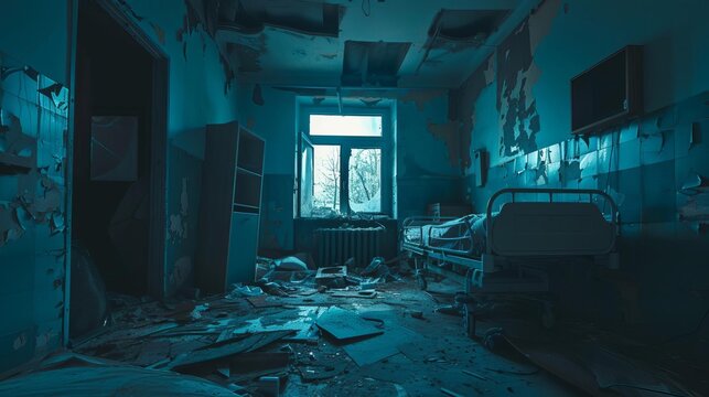 eerie abandoned hospital room with dim light debris and a sense of captivity and horror