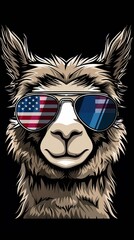 A close-up of a cartoon alpaca wearing pilot sunglasses, thick outline, sunglasses lenses are the colors of the United States flag.