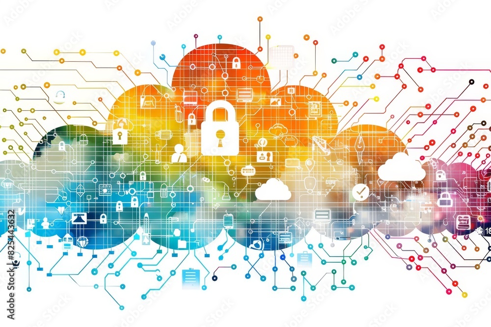 Poster detailed tech lock illustration on computer keyboard representing cybersecurity