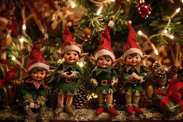 Four festive elf figurines amidst holiday decor, with sparkling lights and evergreen branches