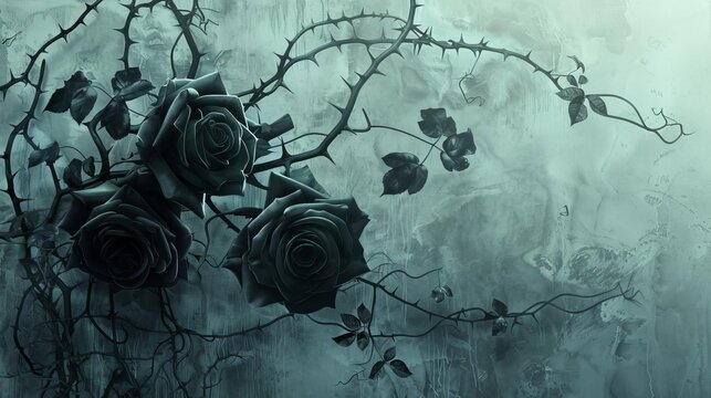 gothic romance black roses entwined with ivy and thorns concept illustration