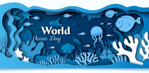 World Ocean Day poster with text "world ocean day" and underwater scene in paper cut style. Poster Design with sea and ocean animal: jellyfish, dolphins, fishes near the seashore