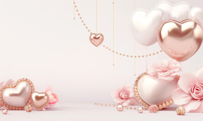 Jewelry product display stand mockup for Valentine's day. Woman's day pedestal stand for cosmetic presentation. Heart balloons, flowers and podium setup.
