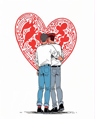 lgbt couple embracing with heart illustration for lgbtq pride and love