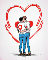 gay couple hugging with heart illustration for lgbt pride and romantic love