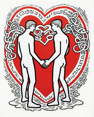 lgbt couple holding hands with heart illustration for pride and love