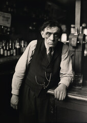 A tired bartender leans against the bar counter in a vintage pub. His weary expression and old-fashioned attire evoke nostalgia, set against the backdrop of bottles and a dimly lit bar atmosphere.