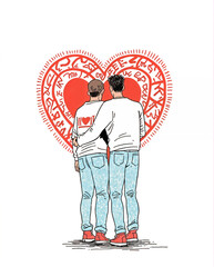 lgbt couple embracing with heart illustration for pride and love.