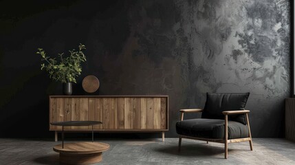 Dark contemporary waiting room interior with wooden sideboard, small coffee table and comfortable black armchair on concrete floor. Minimalist Scandinavian design.