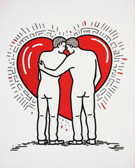 gay couple in embrace with heart  in background illustration for lgbt+ pride and love.