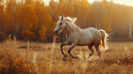 A white horse is running through a field of yellow grass