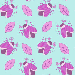 Seamless pattern of pink may bug, chafer and leaves on a blue background. Vector illustration