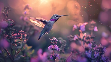 A close-up of a hummingbird mid-flight, wings blurred, hovering over a vibrant purple flower.