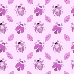 Seamless pattern of pink may bug, chafer and leaves on a pink background. Vector illustration