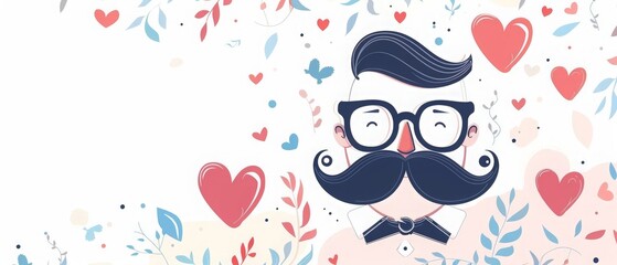 happy Father's Day card with heart, glasses and mustache on a white background. Banner design for a dad celebration event or social media post template. colorful cartoon animation for kids.