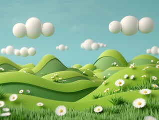 Green Landscape With Flowers and Clouds