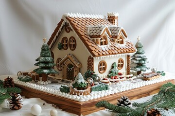 Beautifully decorated gingerbread house adorned with icing, surrounded by miniature trees and pinecones