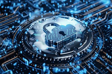 Obraz premium Creative 3D Illustration of Cloud Security with Lock and Tech Elements in Modern Style
