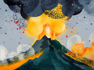 Volcano erupting glowing lava with billowing smoke